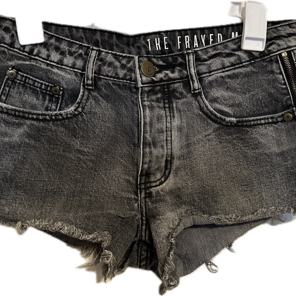 Cotton On The Frayed Mid-Rise Light Black Denim Jean Shorts Side Zipper Detail